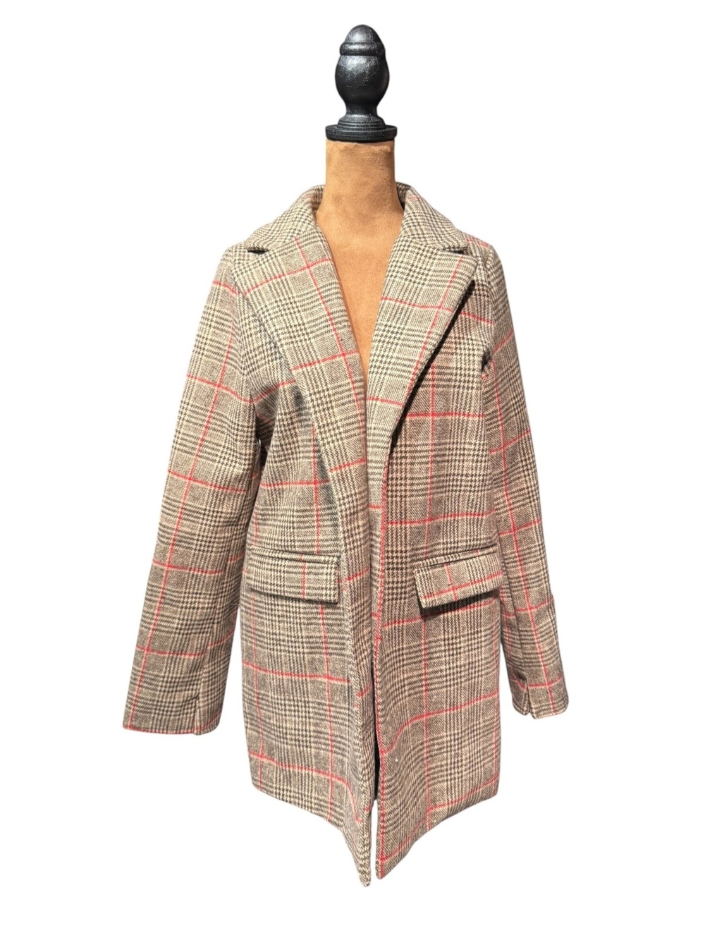 Vintage Style Plaid Wool Blend Overcoat with Red Accents
